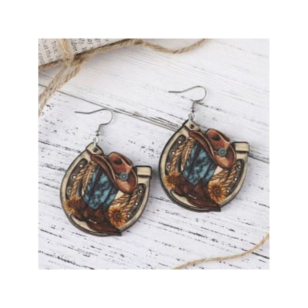 Vintage Western Cowboy Boots Sunflower Horseshoe Earrings Wooden Jewelry